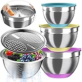 Nicdiet Mixing Bowls with Airtight Lids, Stainless Steel Mixing Bowl Set with 3 Metal Nesting Bowls, Colander & Grater, Non-Slip Bottoms, Size 1.5, 2.5, 5 QT, Great for Mixing & Serving, Mutilcolor