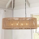Wellmet Boho Chandelier Light Fixture 42 Inch, Farmhouse Rattan Pendant Light for Dining Room, Rustic Rectangular Chandeliers