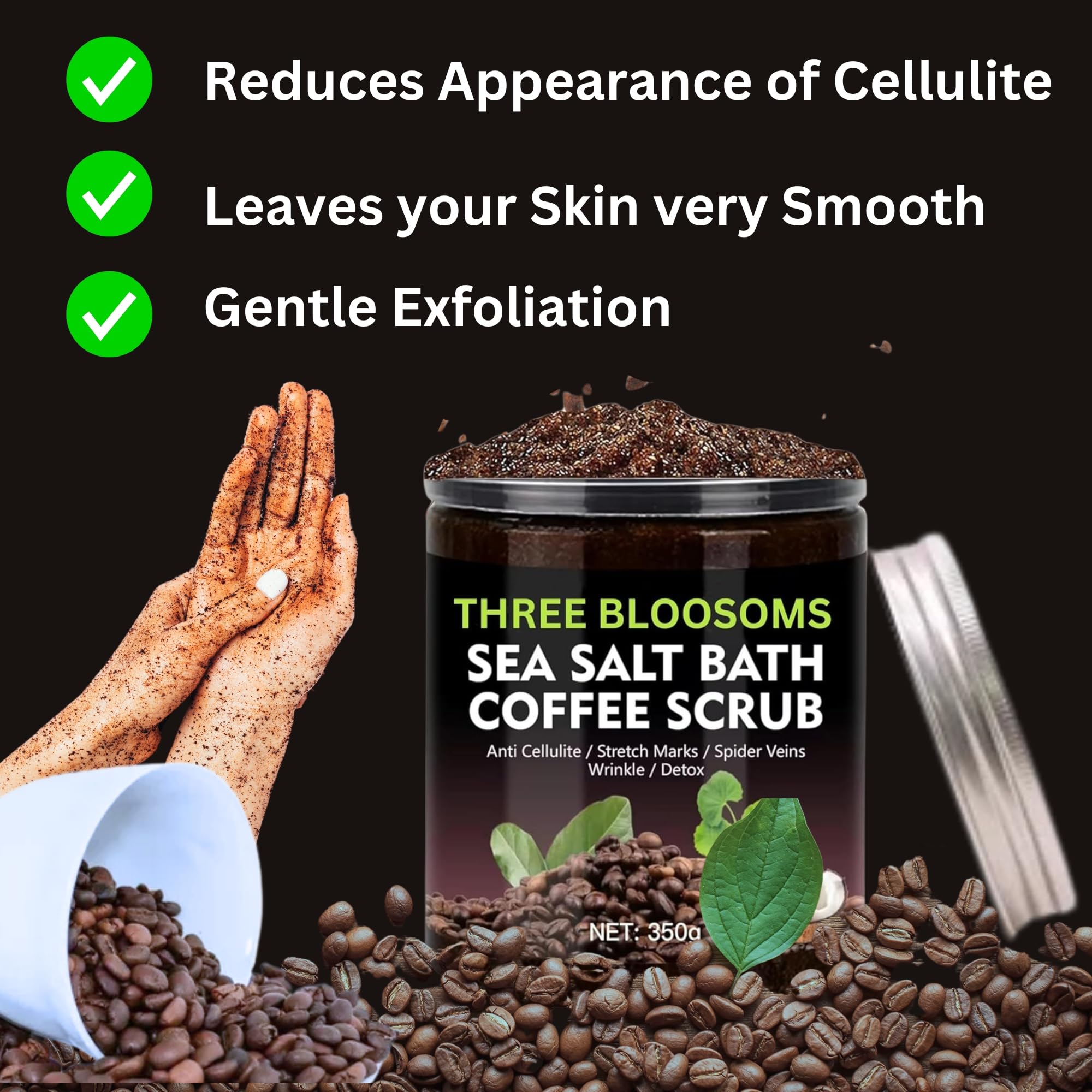 Coffee Scrub Body Exfoliator, 350g Anti Cellulite, Anti aging, Fights Stretch Marks, Wrinkles, Spider Vein Therapy for Men and Women, with Coffe-Seeds Sea Salt Coconut Oil (350g, Coffee Scrub)