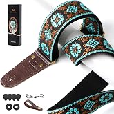 Guitar Strap, Double Cowhide Leather End, Set for Bass/Electric/ukulele/Acoustic Guitars, Vintage Jacquard Adjustable Straps, Free Headstrap and Leather Headband（Embroidered Blue Flower Gold Vine）