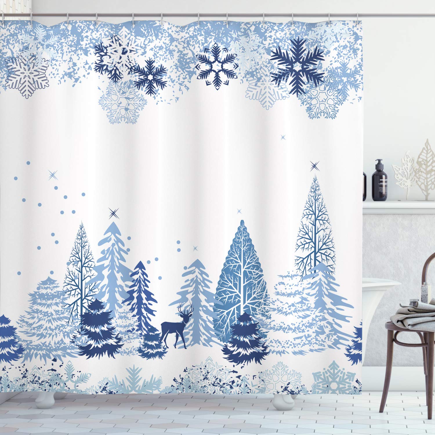 ABAKUHAUS Christmas Shower Curtain, Winter Forest in Xmas Time Landscape Trees Rein Deer Styled Snowflakes, Cloth Fabric Bathroom Decor Set with Hooks, 94 Inches, Blue Grey White