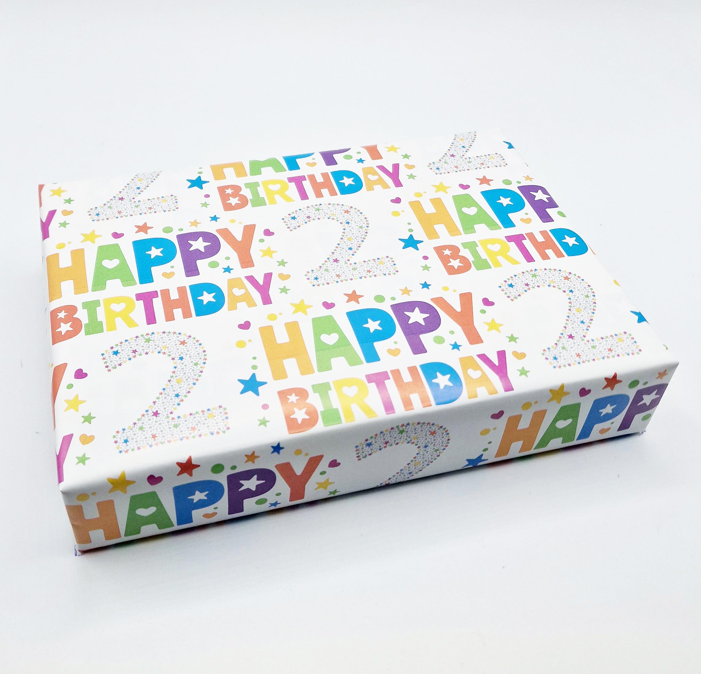 4 Sheets 4 Tags 2nd Birthday Boy Girl Unisex Multi Coloured Wrapping Paper Age 2 Cute Fun Attractive Birthday Giftwrap Male Female (PA)