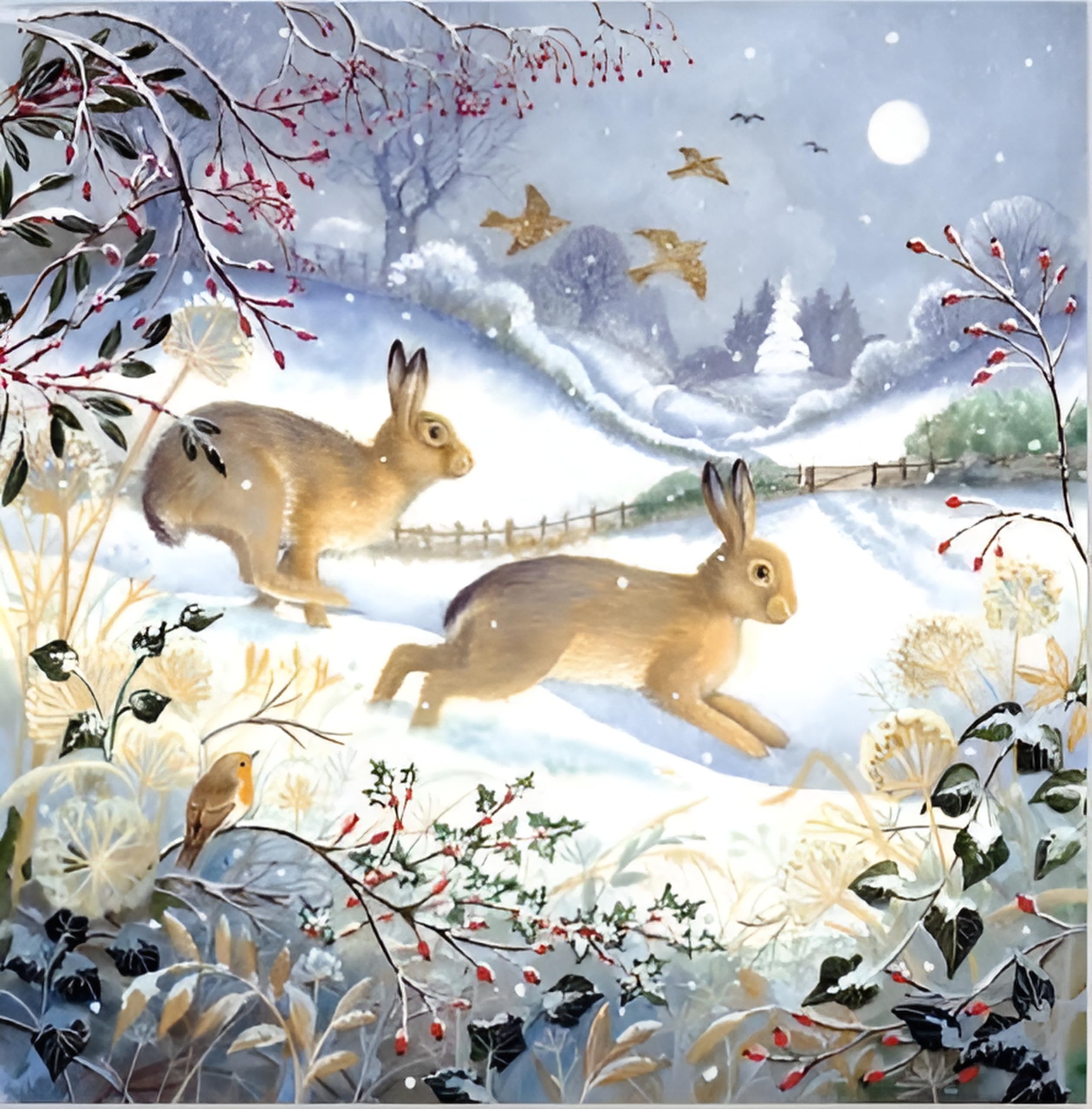 Noel Tatt Charity Christmas Cards Pack of 10 - Charity Christmas Cards with Artistic Hares and Snowy Fields Scene - Eco-Friendly Xmas Cards Multipack with Envelopes