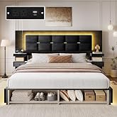 DWVO Queen Size Bed Frame with Upholstered Oversize Headboard and LED Lights, Luxury Velvet Platform Bed with Charging Station and Drawers &amp; Nightstands, No Box Spring Needed, Iron Black