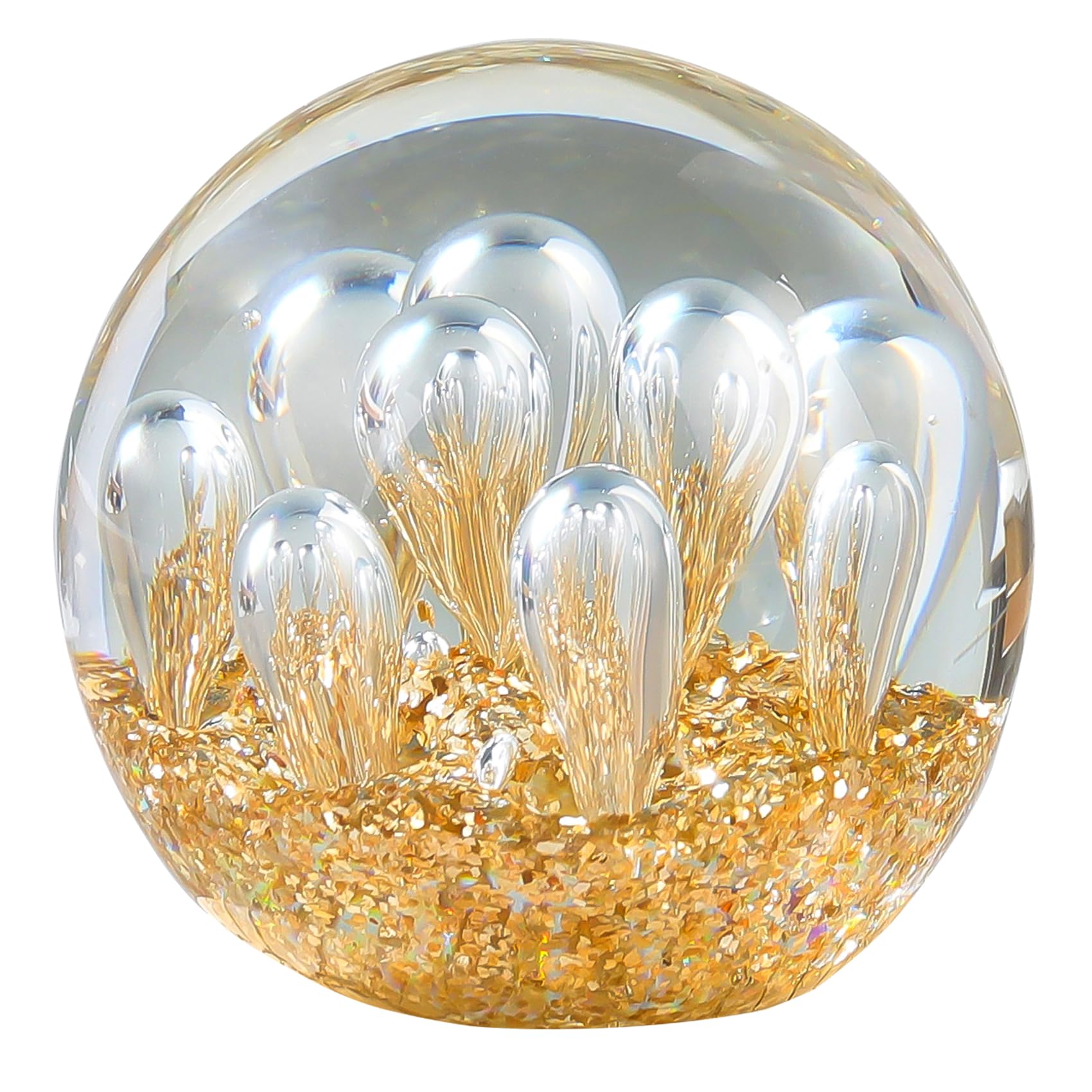 Hand Blown 3.1" Crystal Ball Bubble Corals Sea Glass Art Gifts for Women Men Ocean Figurines Decor Paperweight Coastal Decor for Home Aquarium Sphere Ornaments (Gold)