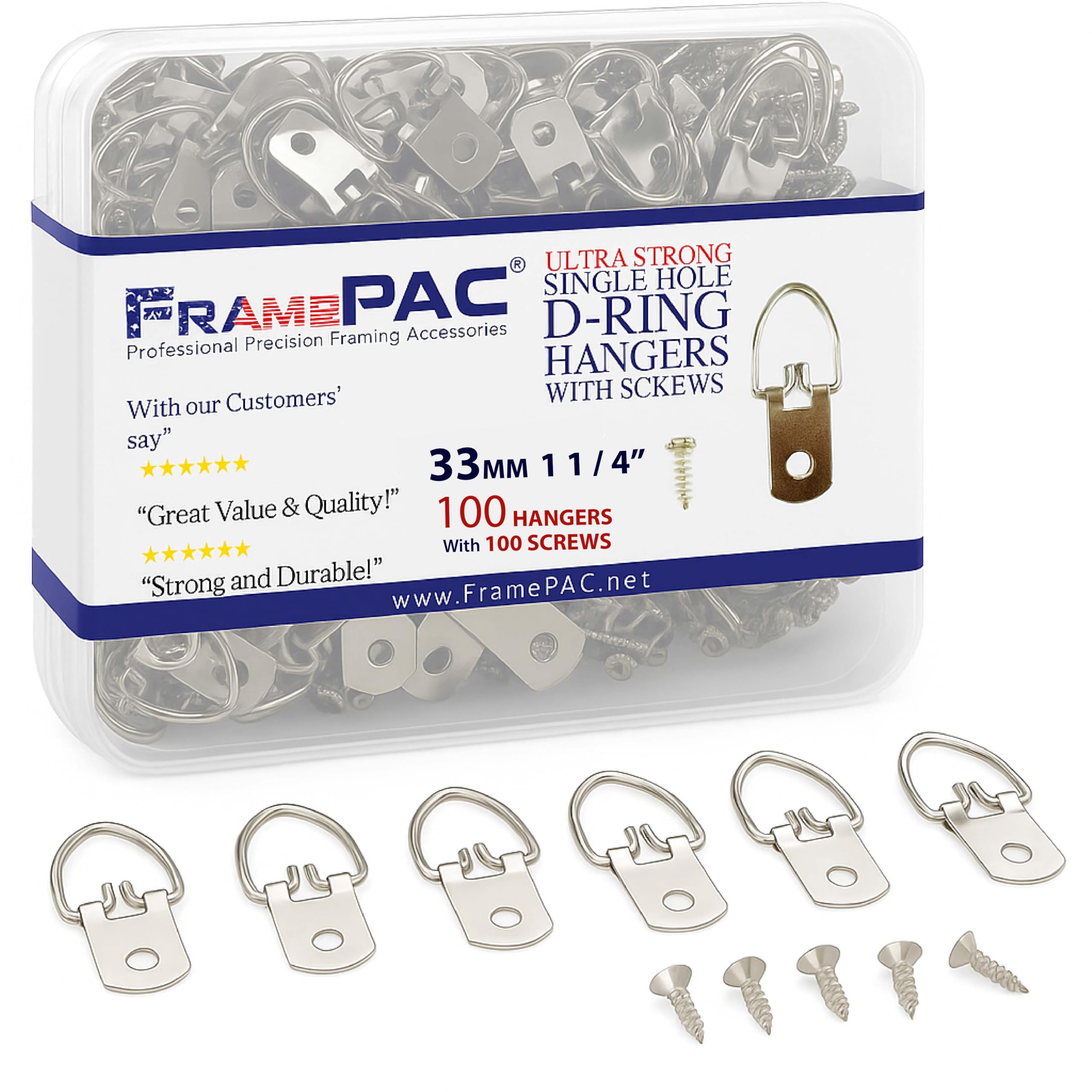 Photo 1 of FramePac D Ring Picture Hangers with Screws - 100 Pack - Bulk D Rings - Pro Quality Hangers - Picture Hanging Solutions
