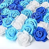 Geosar 200 Pcs Artificial Rose Flower Heads Bulk Fake Foam Roses Mini Faux Flower for Bridal Shower Wedding Flower Arrangements Centerpiece DIY(2.76 Inch,White, Blue)