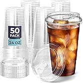 Fit Meal Prep 50 Pack 24 oz Clear Plastic Cups with Strawless Sip Lids, Disposable Plastic Coffee Cups with Lids, To Go Cups for Iced Coffee, Smoothies, Soda, Party Drinks, Bubble Tea, Cold Beverage
