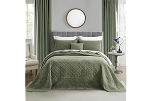 HZ & HY Oversized King Bedspread - Shabby Chic Rustic Look - Enzyme Washed, Ultra Soft & Lightweight, Reversible, Cotton/Polyester, 5 Piece, Loden Green