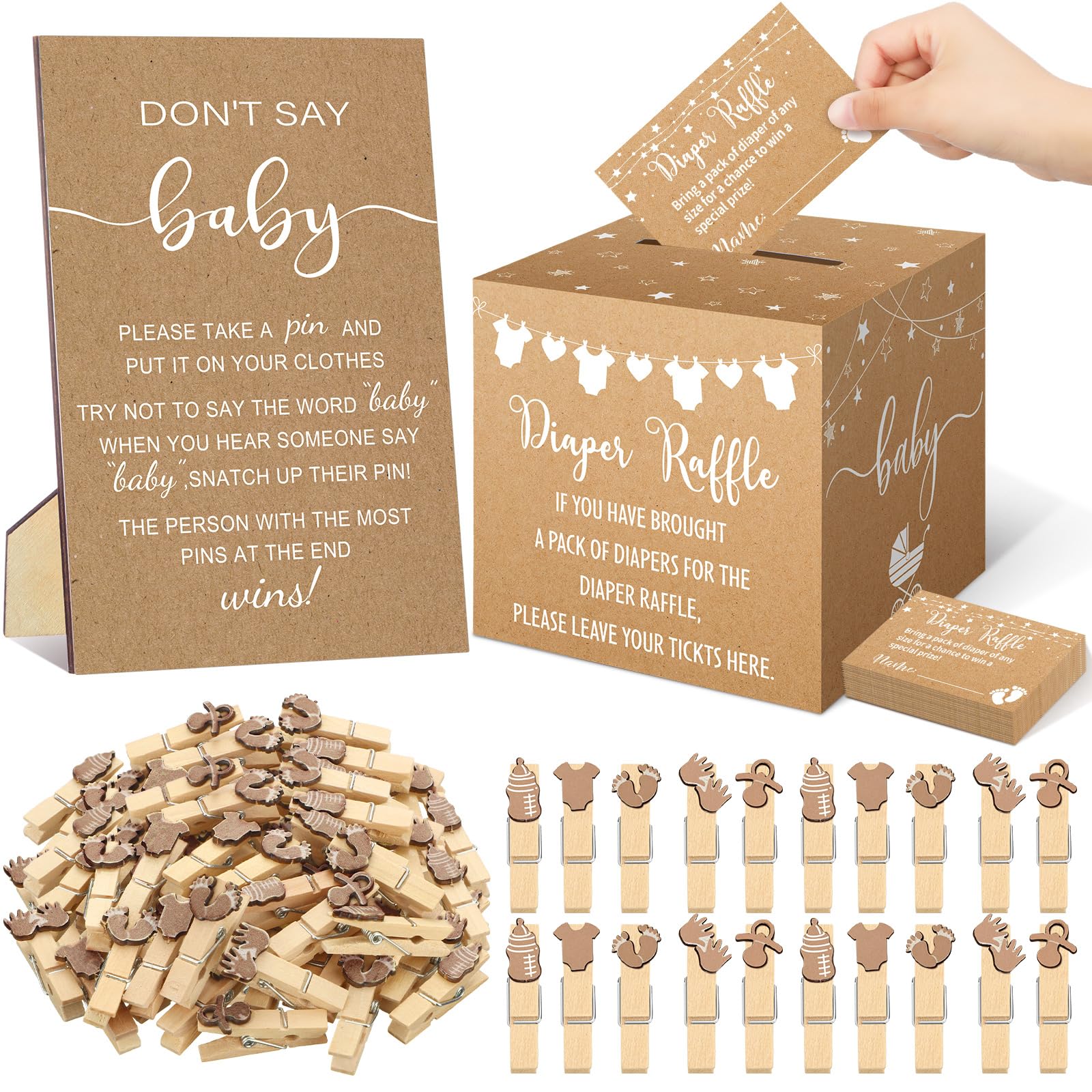 Photo 1 of Cinnvoice 102 Pcs Baby Shower Game Supplies Diaper Raffle Ticket with Diaper Raffle Card Box Don't Say Baby Sign Mini Clothespin Game Decor for Gender Reveal Favor(Brown,Kraft)