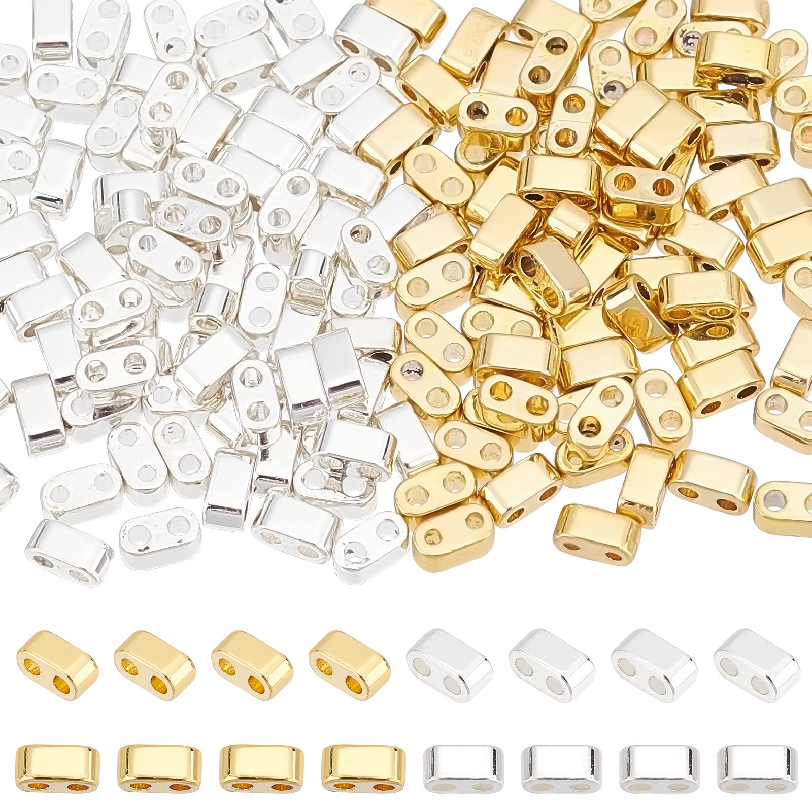 PH PandaHall 160pcs Tila Beads, 2-Hole Seed Beads 24K Gold & 925 Sterling Silver Plated Multi-Strand Linking Connectors Synthetic Hematite Bead for Bracelets Necklace Jewellery Making