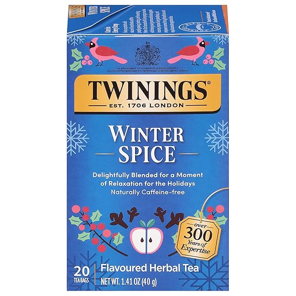 TWININGS WINTER SPICE HERBAL TEA INDIVIDUALLY WRAPPED, 20 COUNT (PACK OF 1), CAMOMILE, APPLE, CINNAMON, & CLOVE, NATURALLY CAFFEINE-FREE, ENJOY HOT OR ICED, 20 TEABAGS