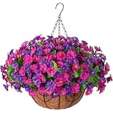 Ammyoo Artificial Fake Hanging Flowers with Basket, Faux Silk Morning Glory Flower Arrangement for Spring Summer Decor, Hanging Plant for Patio Garden Porch Outdoor Decor
