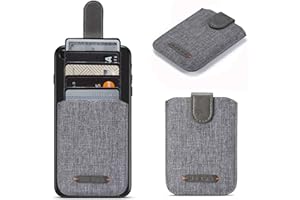 BIAJIYA Card Holder for Back of Phone RFID 5 Pull Credit Card Cash Cell Wallet Pocket Canva Leather Case for Smartphones (Grey)