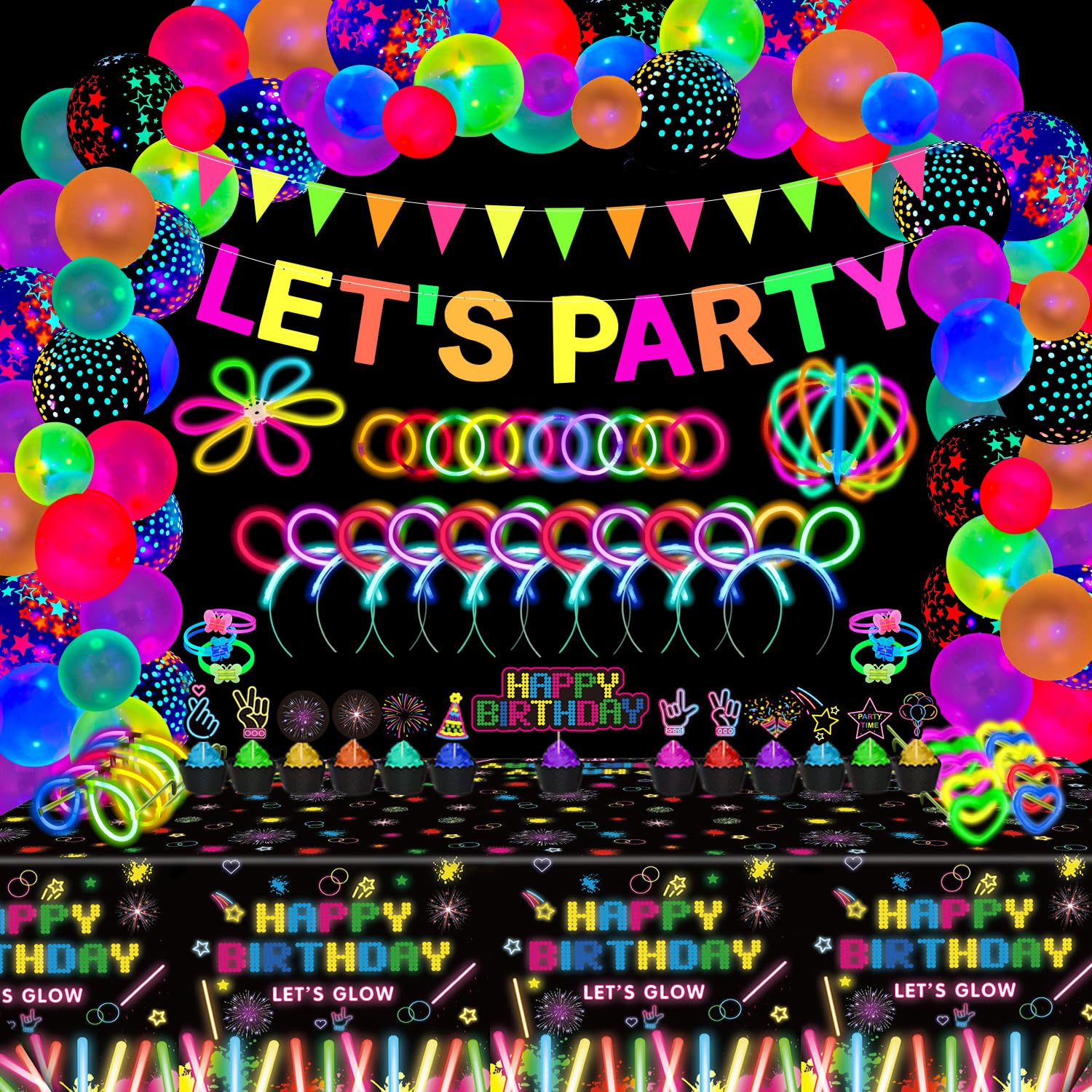 255 Pack Glow Neon Party Supplies Glow Sticks Party Decorations Black Light Reactive Decor Set - Fluorescent Banner, Glow in The Dark Balloons, Neon Tablecloths, Cake Toppers, Light Up Sticks, Glasses