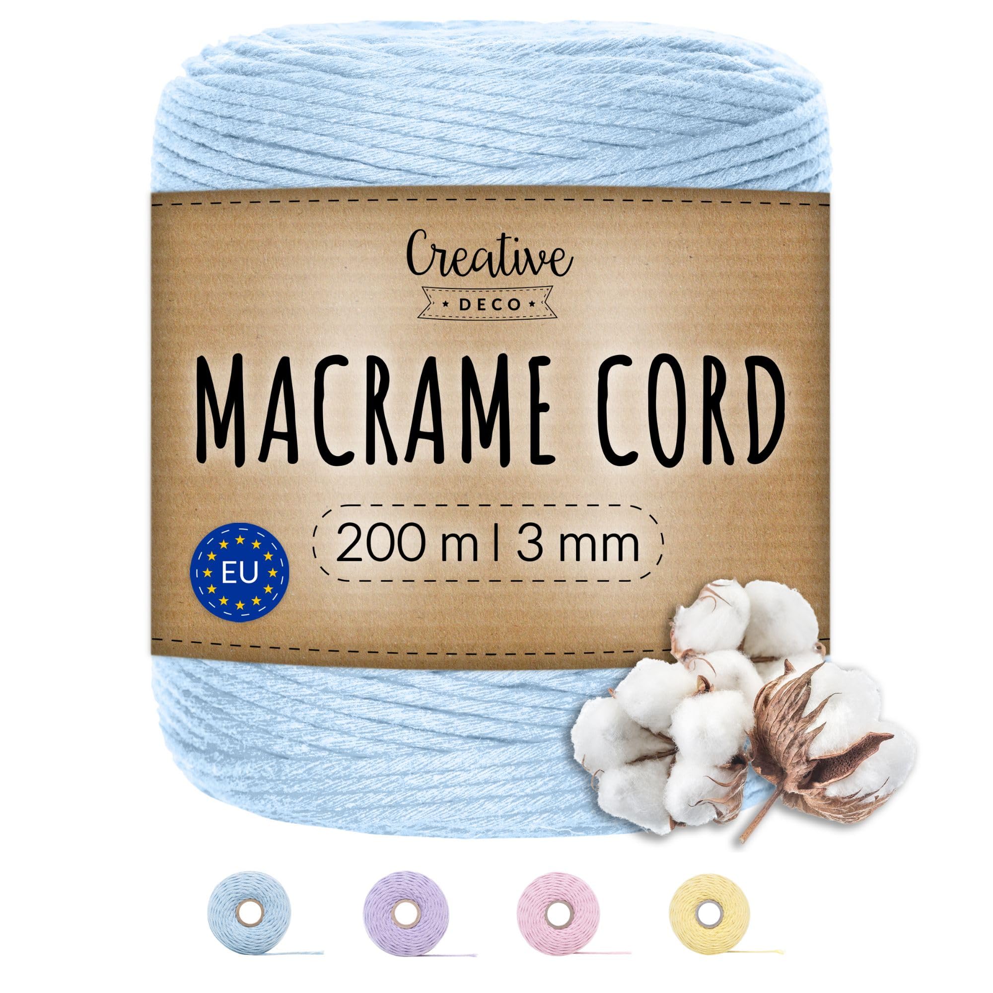 Creative Deco 656 Feet Pastel Blue Macrame Cord | 200m | 3mm Thick | 30 Ply | Cotton Polyester Rope String Yarn Twine Elastic Cord | for Easter, Art and Craft, DIY, Wall, Plant | Strong
