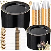 SUT 350 Pcs Black and Gold Plastic Dinnerware Set for 50 Guests, Include: 50 Dinner Plates, 50 Dessert Plates, 50 Pre Rolled Napkins With Silverware, 50 Cups, Disposable Plates for Party