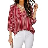 Triratna Womens Blouses Dressy Casual V Neck 3/4 Sleeve Tops Fashion Boho Chiffon Button Down Shirts