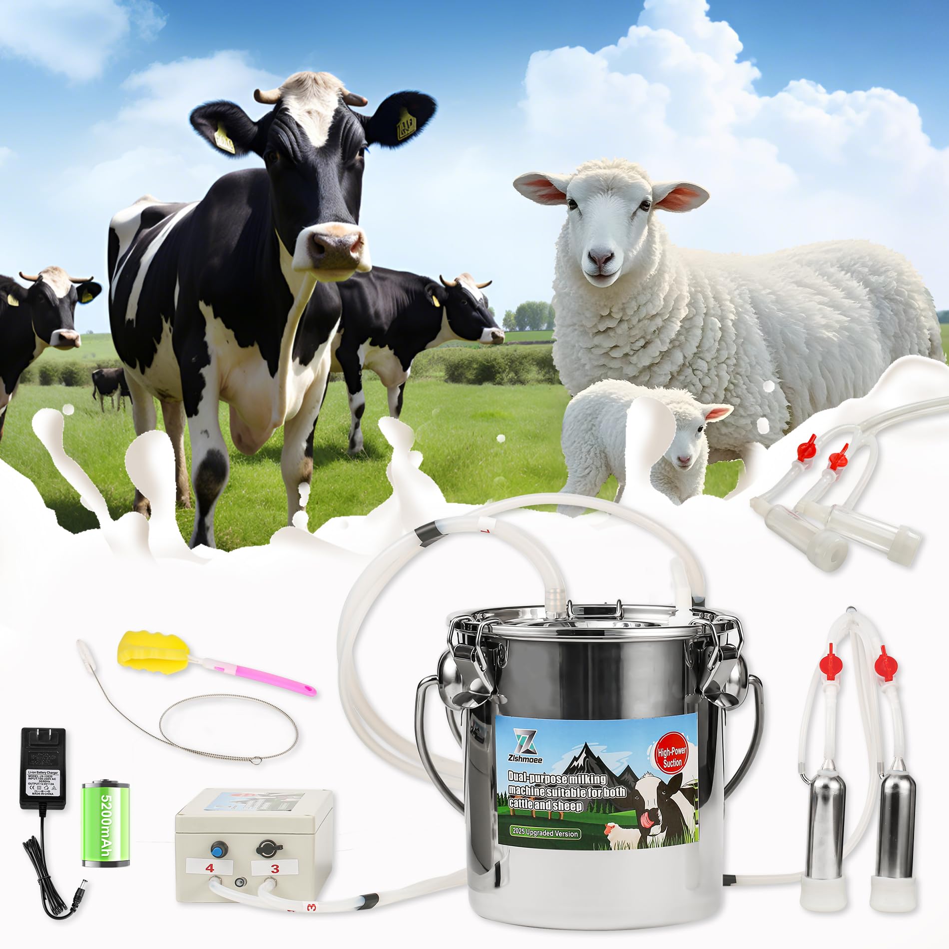 Photo 1 of 2026 Upgrade Zlshmoee 7L 2-in-1 Electric Milking Machine for Goats and Cows, Portable Milker with Built-in Rechargeable Battery, Pulsation Vacuum Pump, 4 Teat Cups, Stainless Steel Bucket