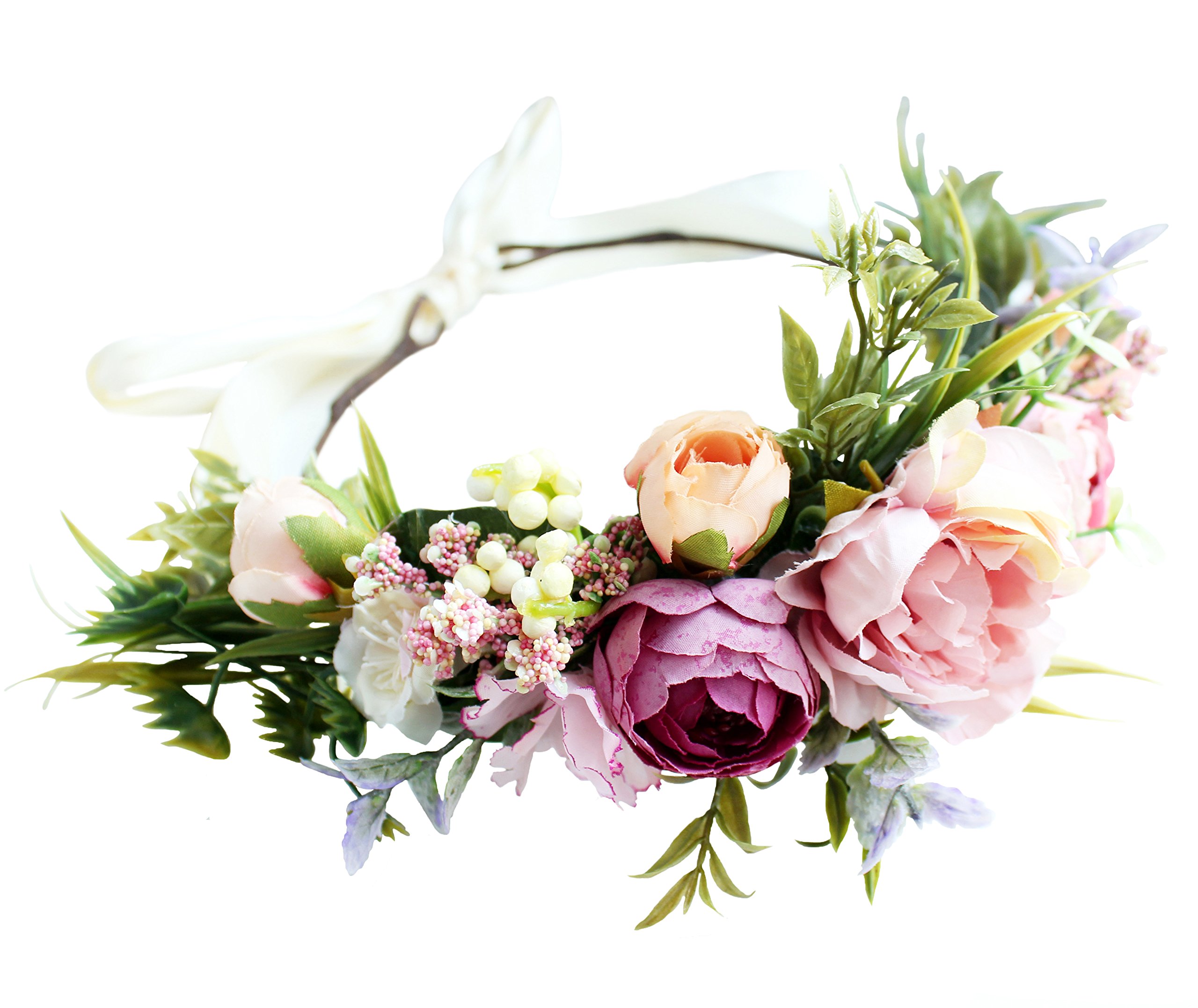 Floral Headband Garland Floral Crown Flower Halo Floral Headpiece Hair Wreath Boho with Ribbon Wedding Festival Party Photos Pink, One Size