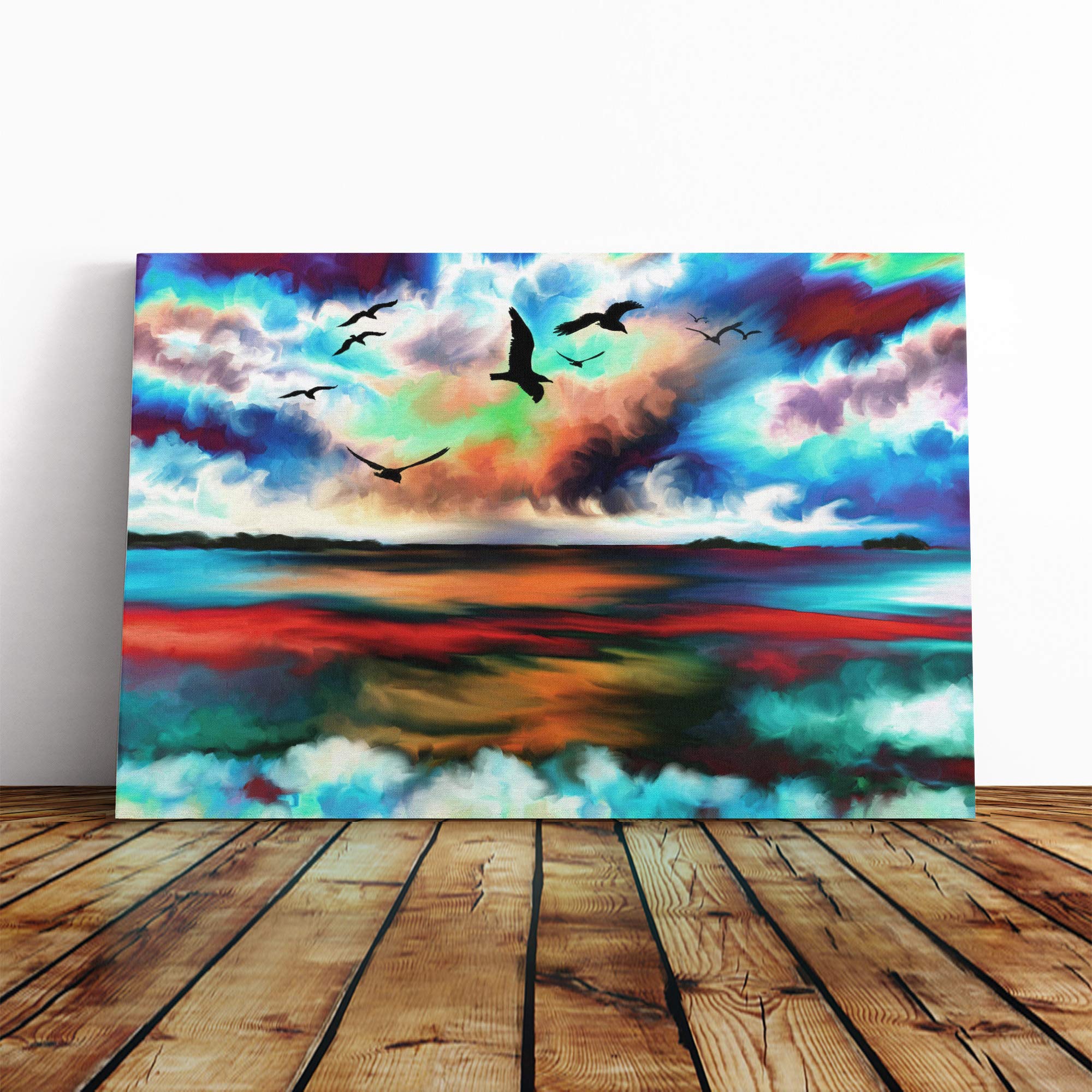 Wall Birds and Ocean Art Canvas Print | Gallery Wrapped 30mm Frame Wall Art | 20x14 inches | Ready to Hang | Coastal Seascape Picture | Living Room Bedroom Lounge Office