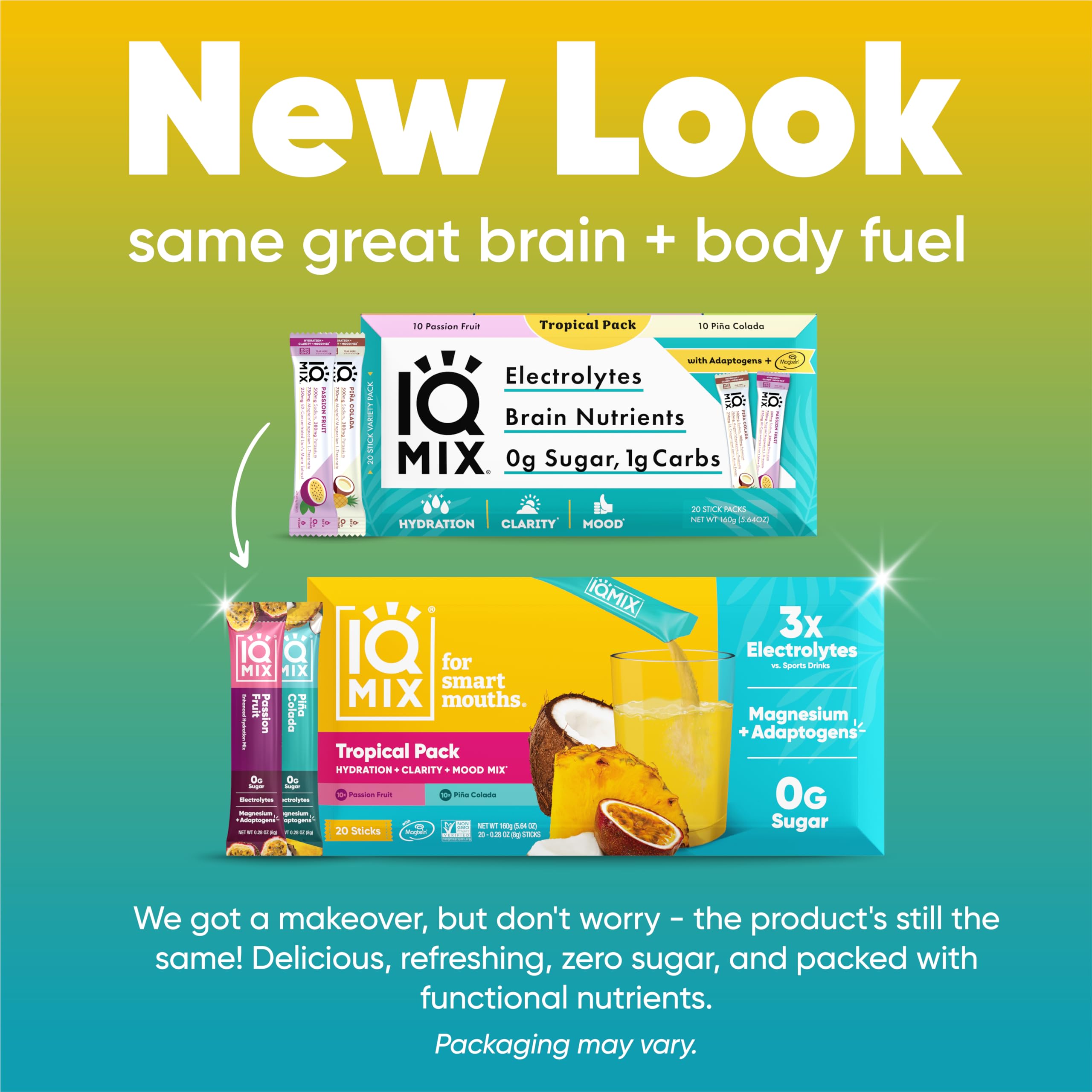 IQMIX Hydration Electrolyte Powder – 4-in-1 Formula for Hydration, Mental Clarity, Mood and Recovery – Sugar-Free Drink Mix, Keto, Magnesium L-Threonate, Lion’s Mane – 20 Count Tropical Variety Pack