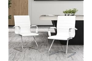 CIMOTA Waiting Room Chairs Leather Office Guest Chair Mid Back Reception Chairs with Sled Base for Meeting/Patient/Conference Room, White Set of 2