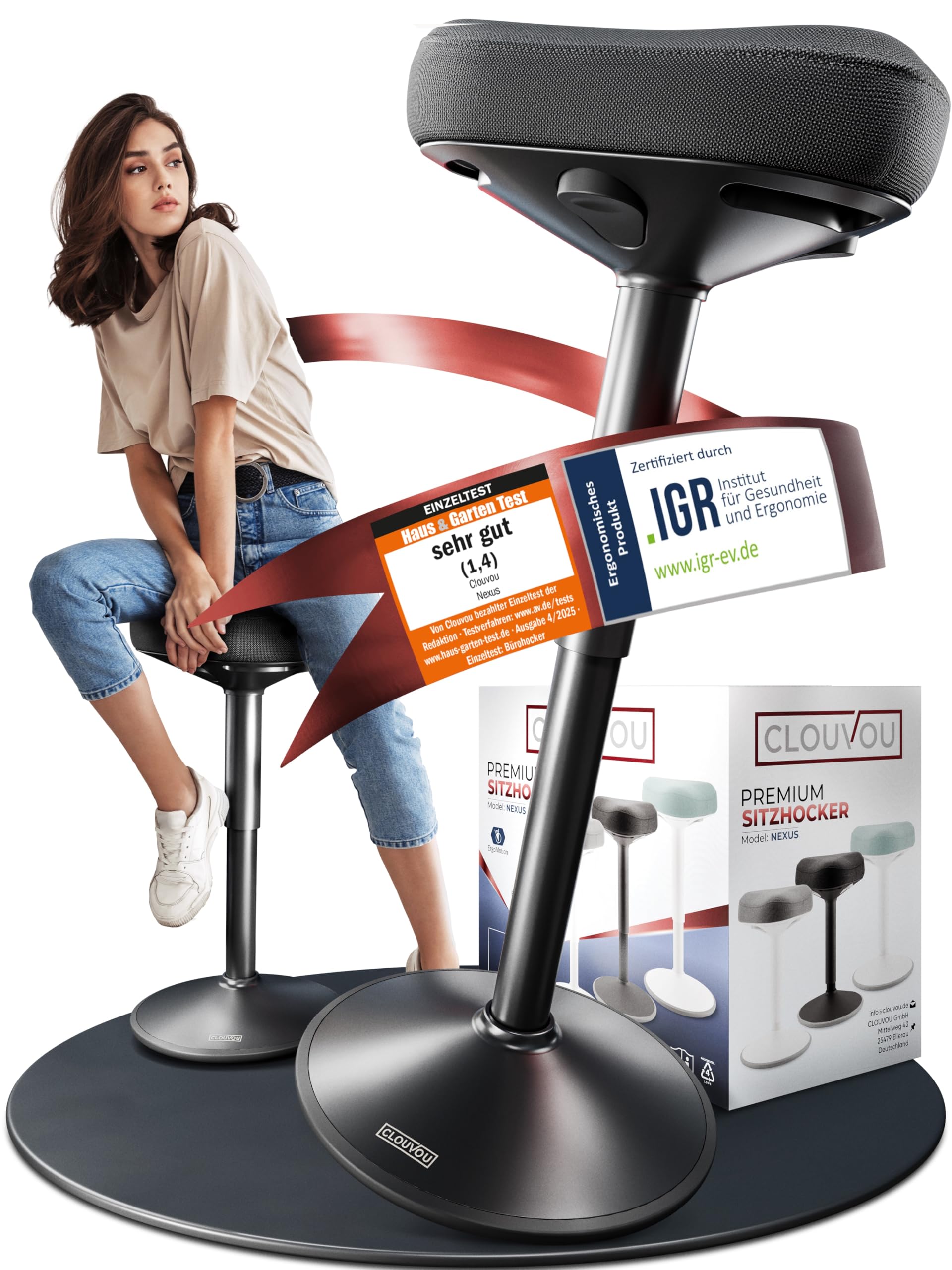 CLOUVOU Nexus Bürohocker ergonomisch [ORIGINAL] Stehhocker höhenverstellbar von 57cm bis 82cm - Ergonomischer Hocker Büro - Wackelhocker zur Stärkung des Rückens - Ergonomische Stehhilfe Büro