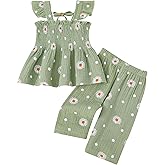 SUREPOCH Toddler Baby Girl Clothes Summer Outfits Heart Daisy Print Sleeveless Camisole Linen Pants Set for Little Girls