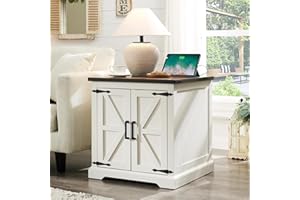 Barnyatoh Farmhouse End Table with Charging Station,24" Large Sofa Side Table with Barn Door, Rustic Wood Square Nightstand Bedside Table with Adjustable Shelf for Living Room, Bedroom,Antique White