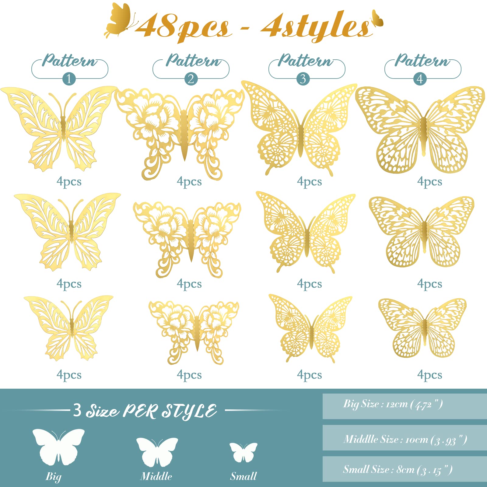 3D Gold Butterfly Decorations Butterflies Stickers, XUNXMAS 48Pcs 4 Styles 3 Sizes Butterfly Wall Decor Party Birthday Cake Decorations, Removable Stickers Decals for Mirror Kids Room Bedroom Wedding