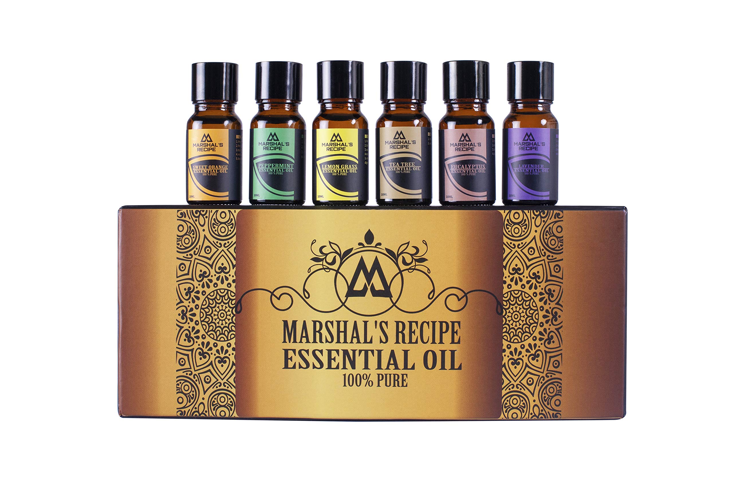 New Generation Aromatherapy Essential Oils Set of 6 Bottles x 10 ml by Marshal\'s Recipe - 6 Therapeutic Grade Aromas: Sweet Orange, Peppermint, Lemon Grass, Tea Tree Eucalyptus, Lavender