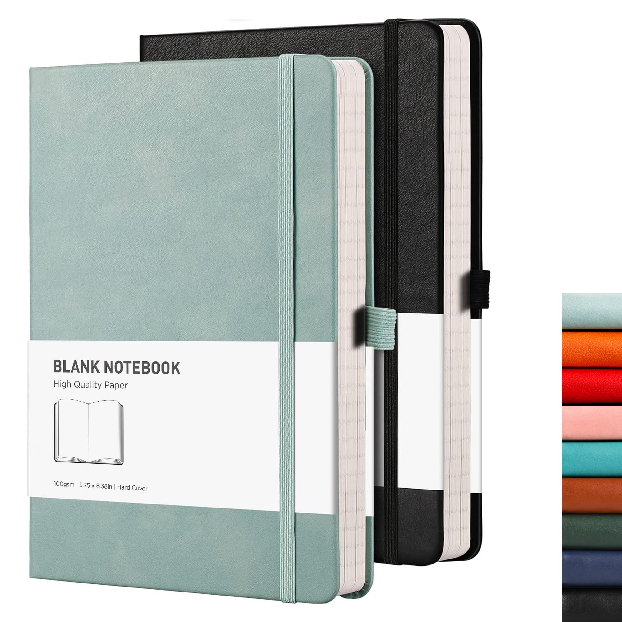 RETTACY Blank Notebook A5 Plain Notebook 2 Pack - 384 Pages Unlined Notebook with 100gsm Blank Paper, Pen Holder, Inner Pocket, for Sketch School Women Men 14.5 x 21cm - Black Gray Blue