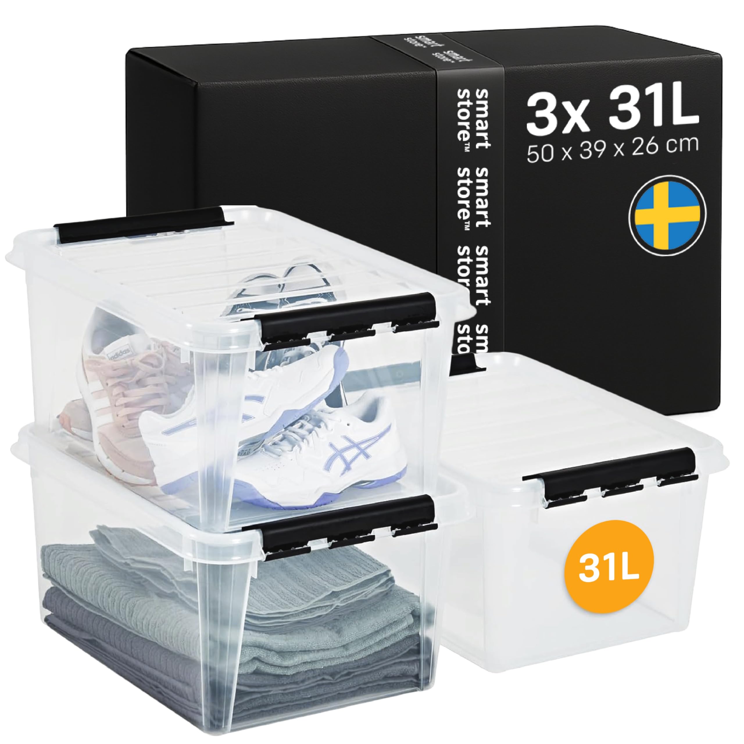 SmartStore - 3x Plastic Storage Box with Lid Classic 31L (50x39x26cm) |Plastic Storage Drawers with Lid|Food-Safe Material|Kitchen & Organisation|Durable Container for Home & Office|10-Year Warranty