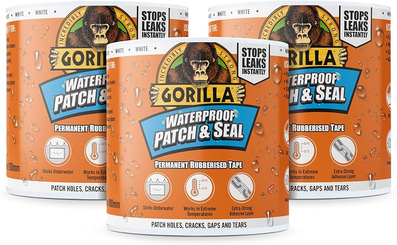 Gorilla Patch & Seal Tape White 100mm x 3m Pack of 3 Waterproof