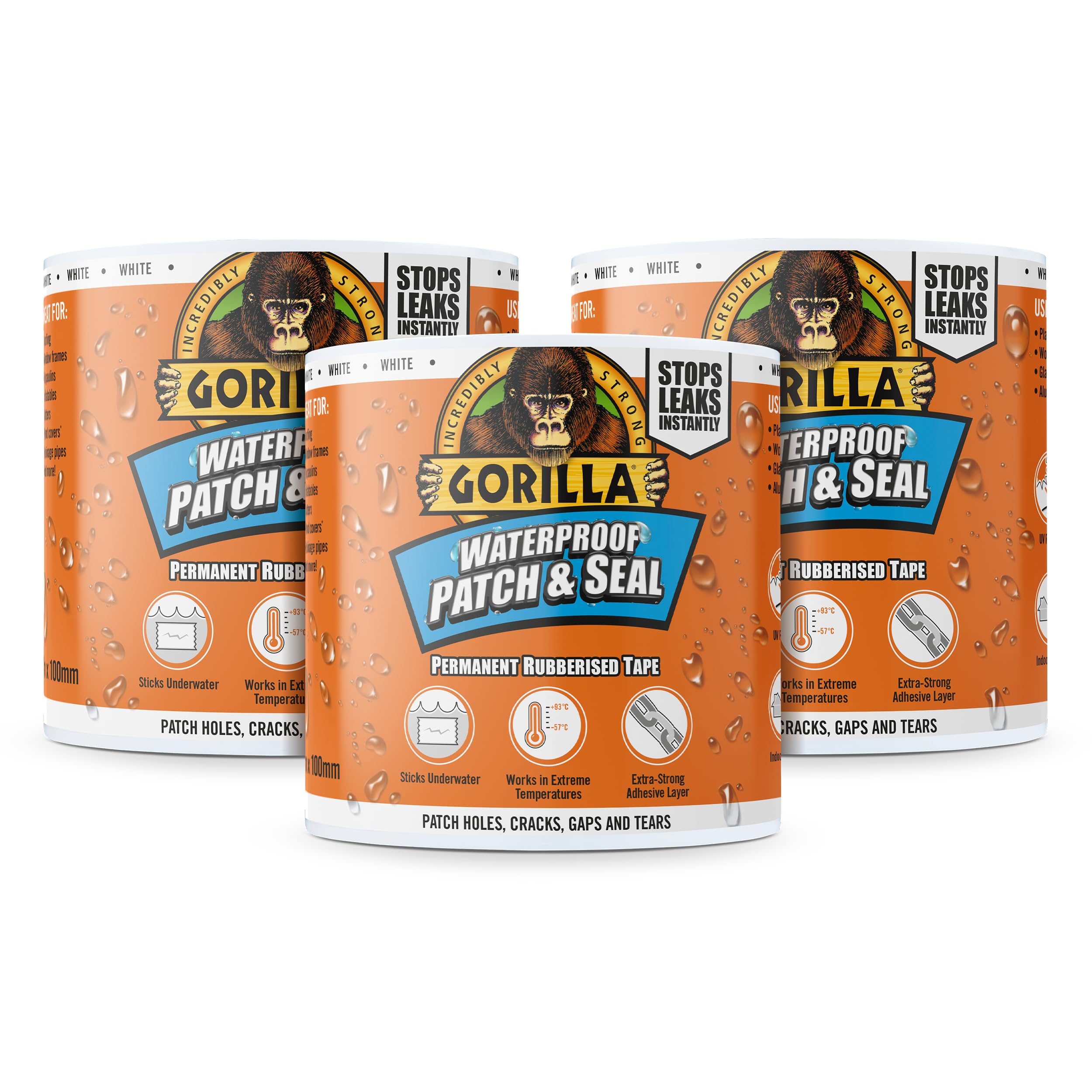 Gorilla 105292 Waterproof Patch & Seal Tape White 100mm x 3m (Pack of 3)