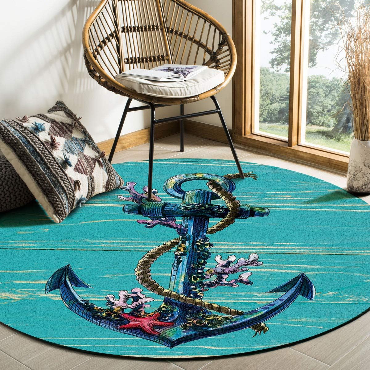 Alfombra redonda de madera rústica con diseño de ancla, color verde