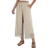 Hubery Womens Wide Leg Cropped Pants High Waisted Palazzo Summer Beach Flowy Pants Lace Hem Trousers with Pockets