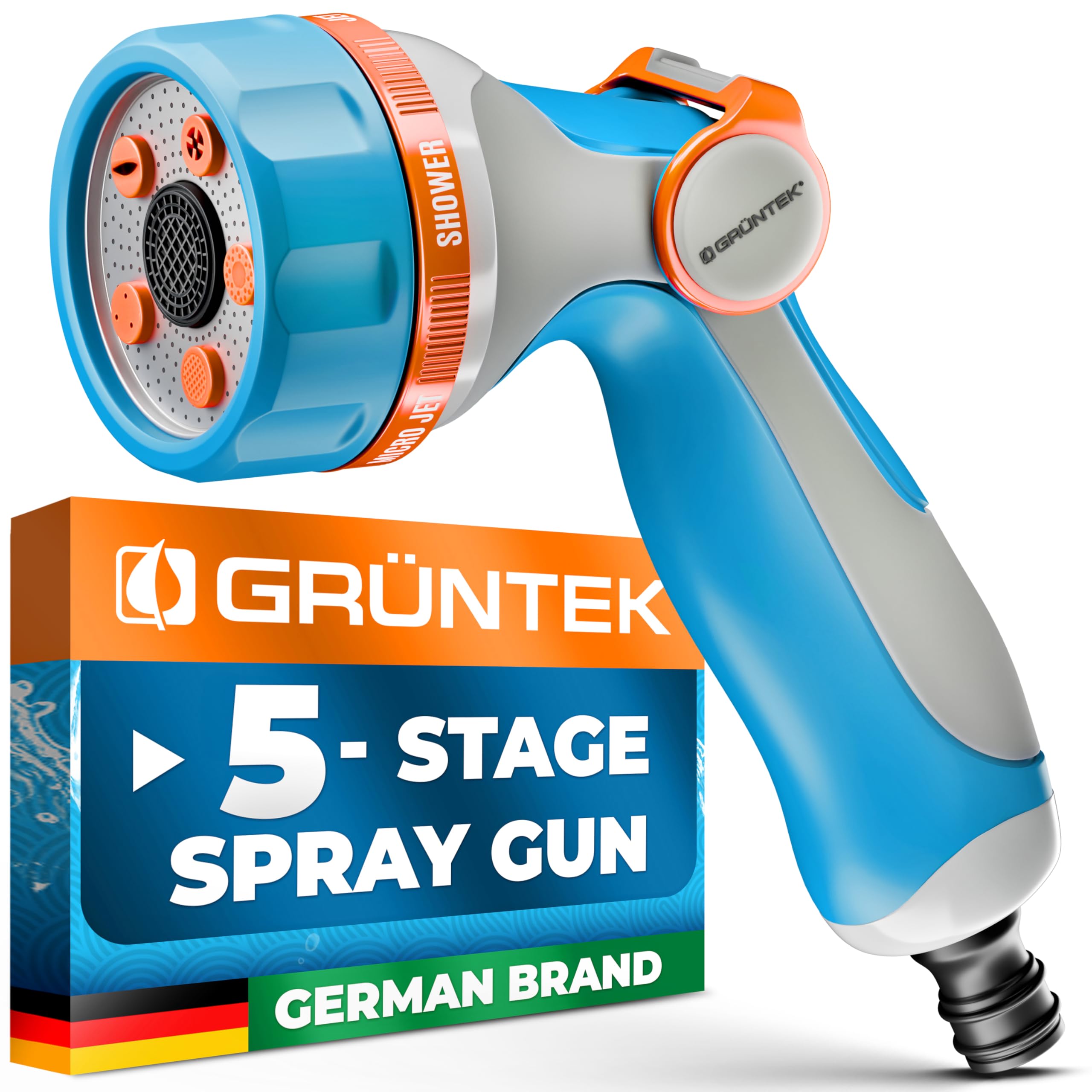 GRÜNTEK Ultralight Garden Hose Spray Gun – 5 Spray Patterns, Thumb Control, Ergonomic Soft-Grip Handle, Multi-Function Nozzle