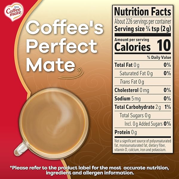 COFFEE MATE 30622 THE ORIGINAL FAT FREE 16 OZ. COFFEE CREAMER (PACK OF 2); STIR IN THE RICH, INDULGENT TASTE ANYTIME FOR A CLASSIC CUP THAT’S NON-DAIRY, LACTOSE-FREE, CHOLESTEROL-FREE & GLUTEN-FREE