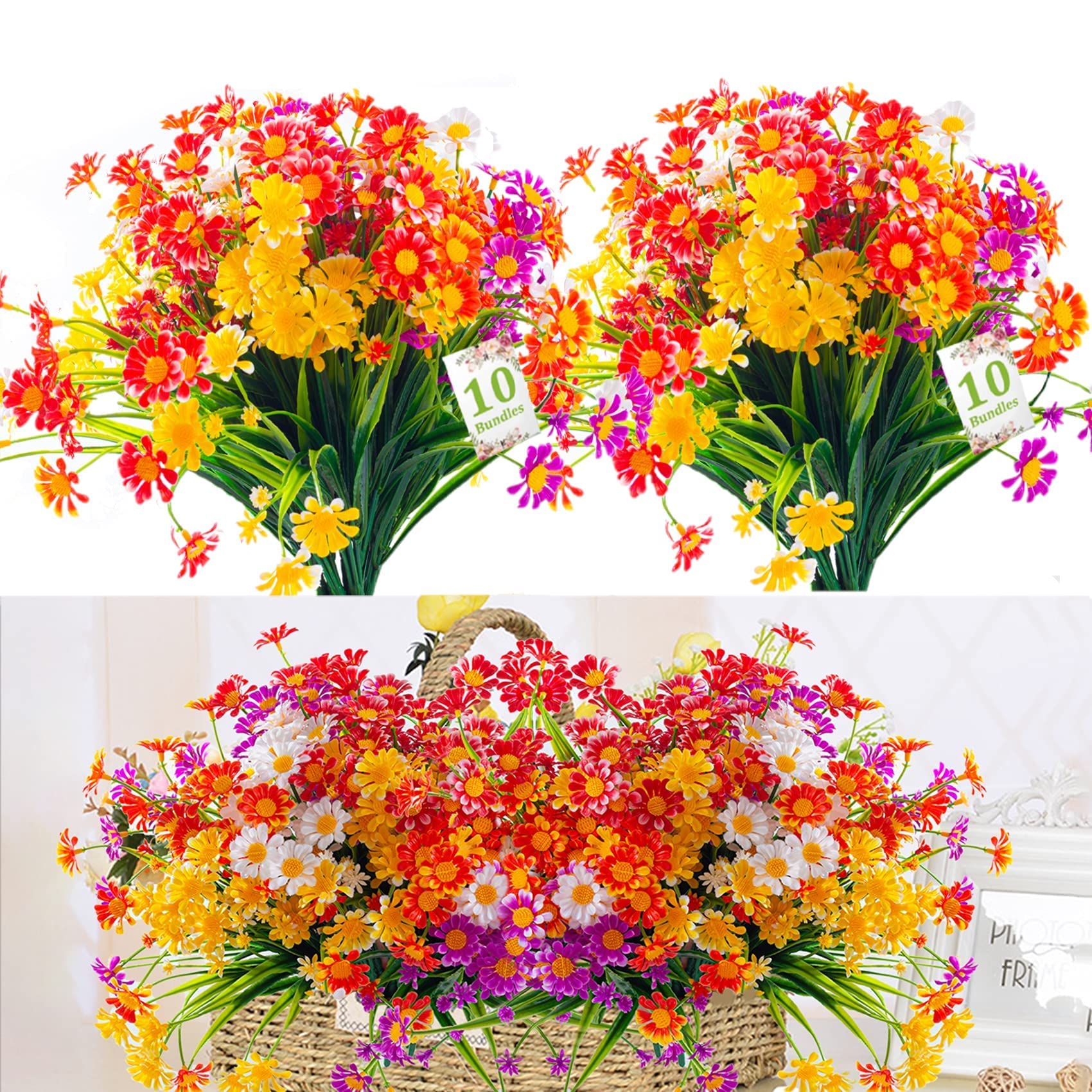 LONGYIFA 10 Bundles Artificial Flower Faux Silk Daisy Wildflowers Greenery Shrubs Plants Plastic Bushes Indoor Farmhouse Outdoor UV Resistant Garden Planter Decoration