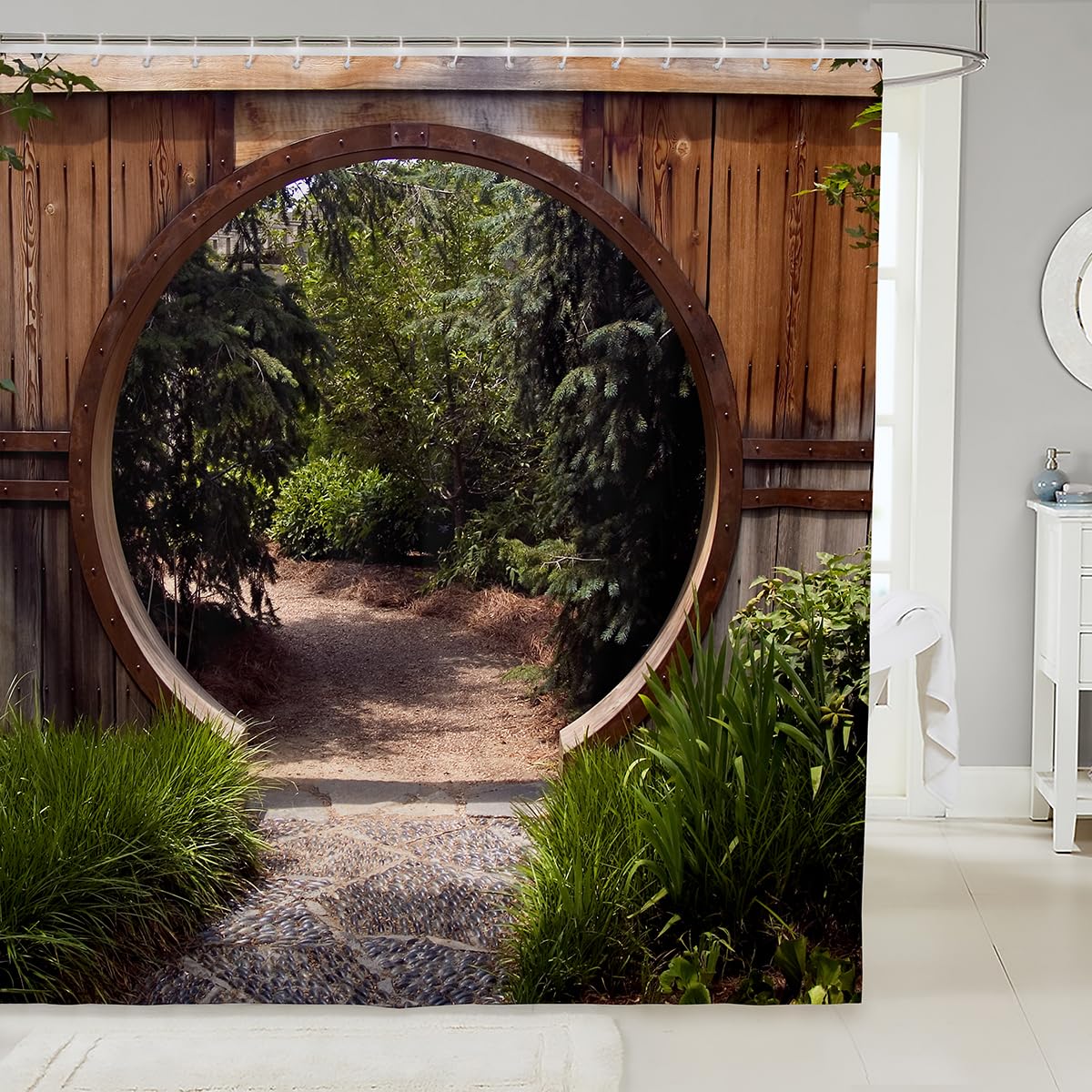 Loussiesd Japanese Style Shower Curtain 180x180cm Forest Opening Park Waterproof Shower Curtain Woodland Authentic Circle Rustic Waterproof Fabric Bathroom Doorway with Hooks