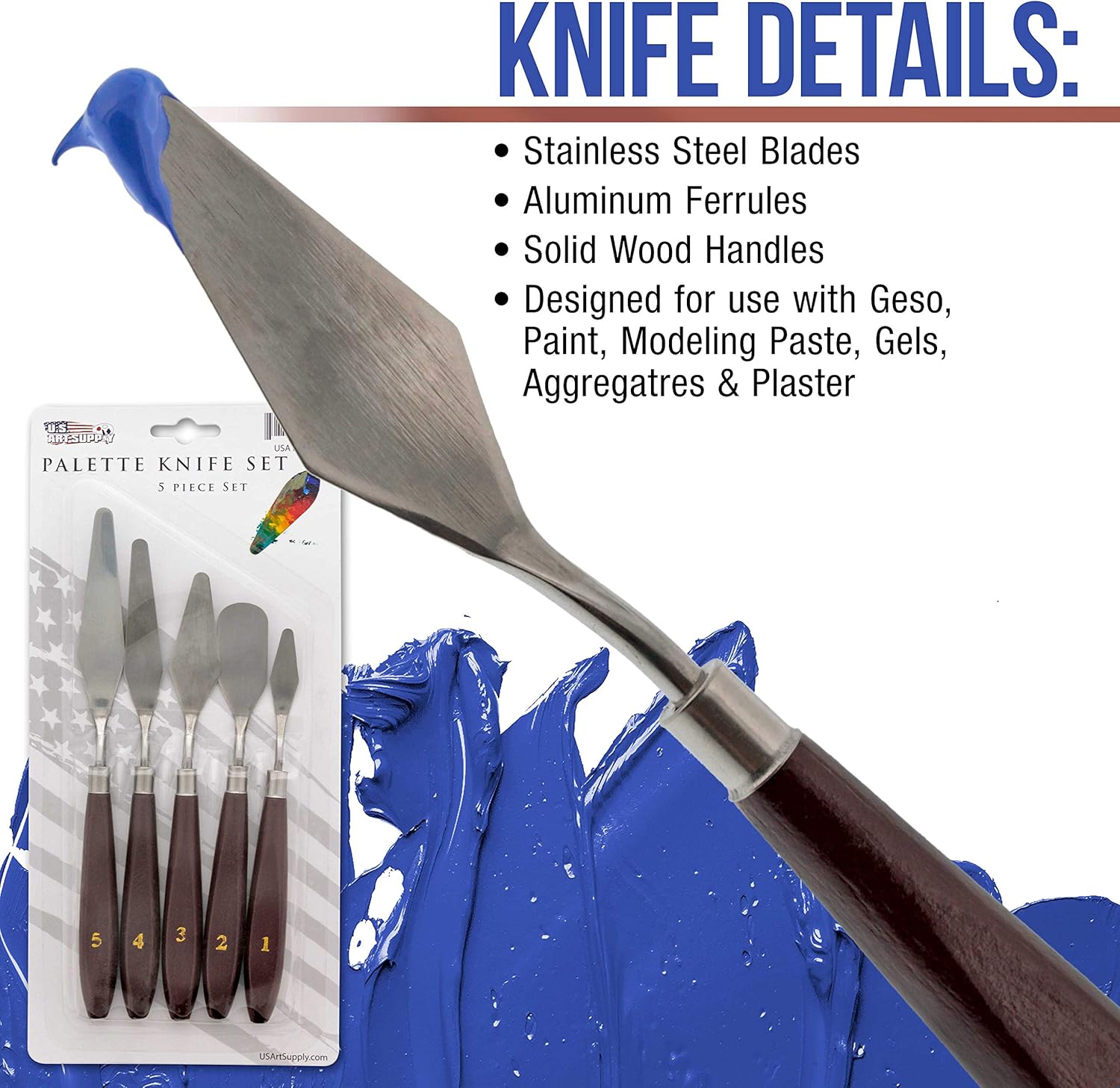 US Art Supply 5 Piece Stainless Steel Palette Knife Set - Thin & Flexible Spatulas & Painting Knives for All Oil or Acrylic Painting & Color Mixing and as a 3-D Printer Removal Tool