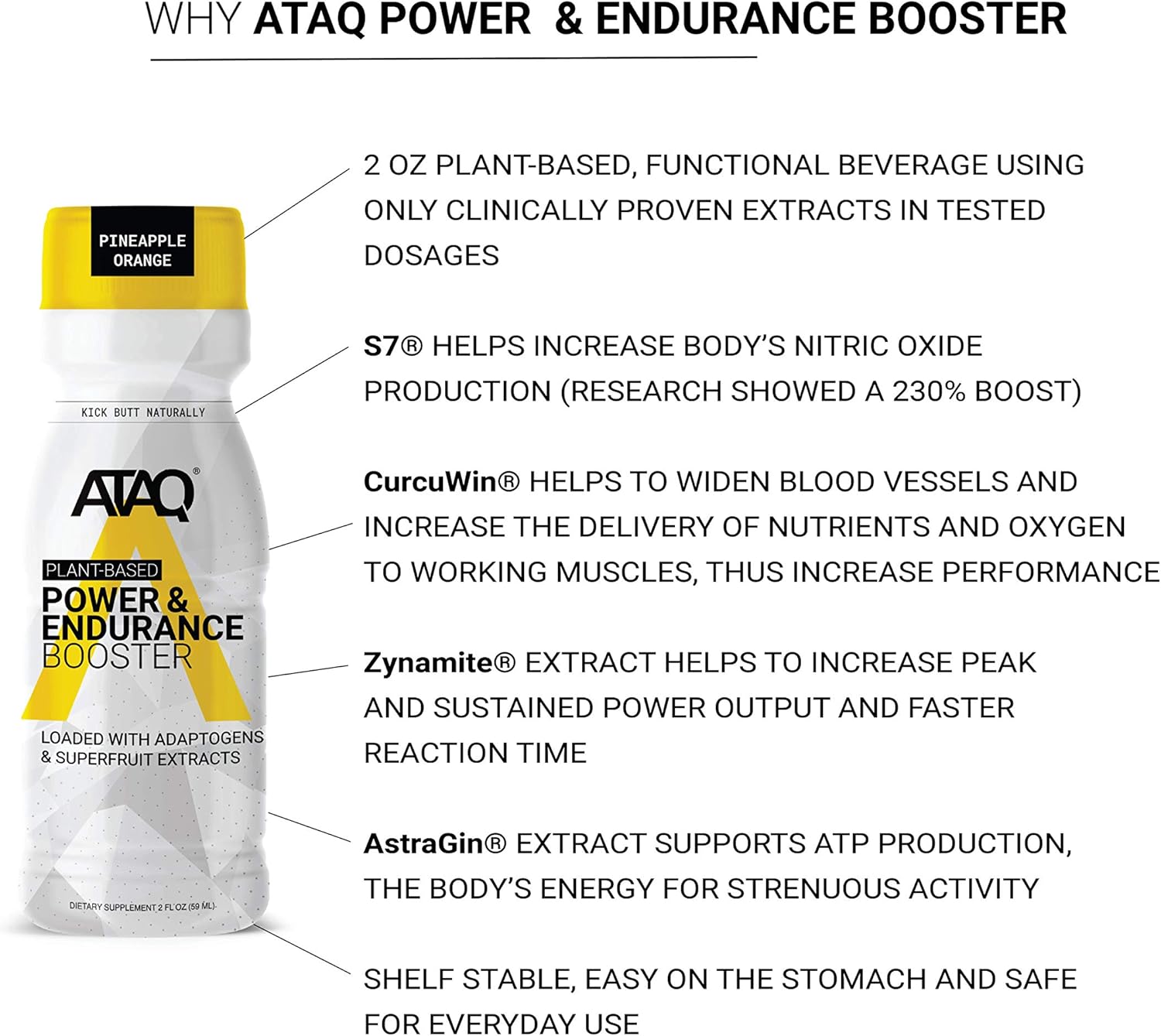 ATAQ Plant Based Power & Endurance Booster Shot, Pineapple Orange, Adaptogens & Nootropics for Sustained Performance, Naturally Sweetened, 2oz Bottle, 6 Count: Health & Personal Care
