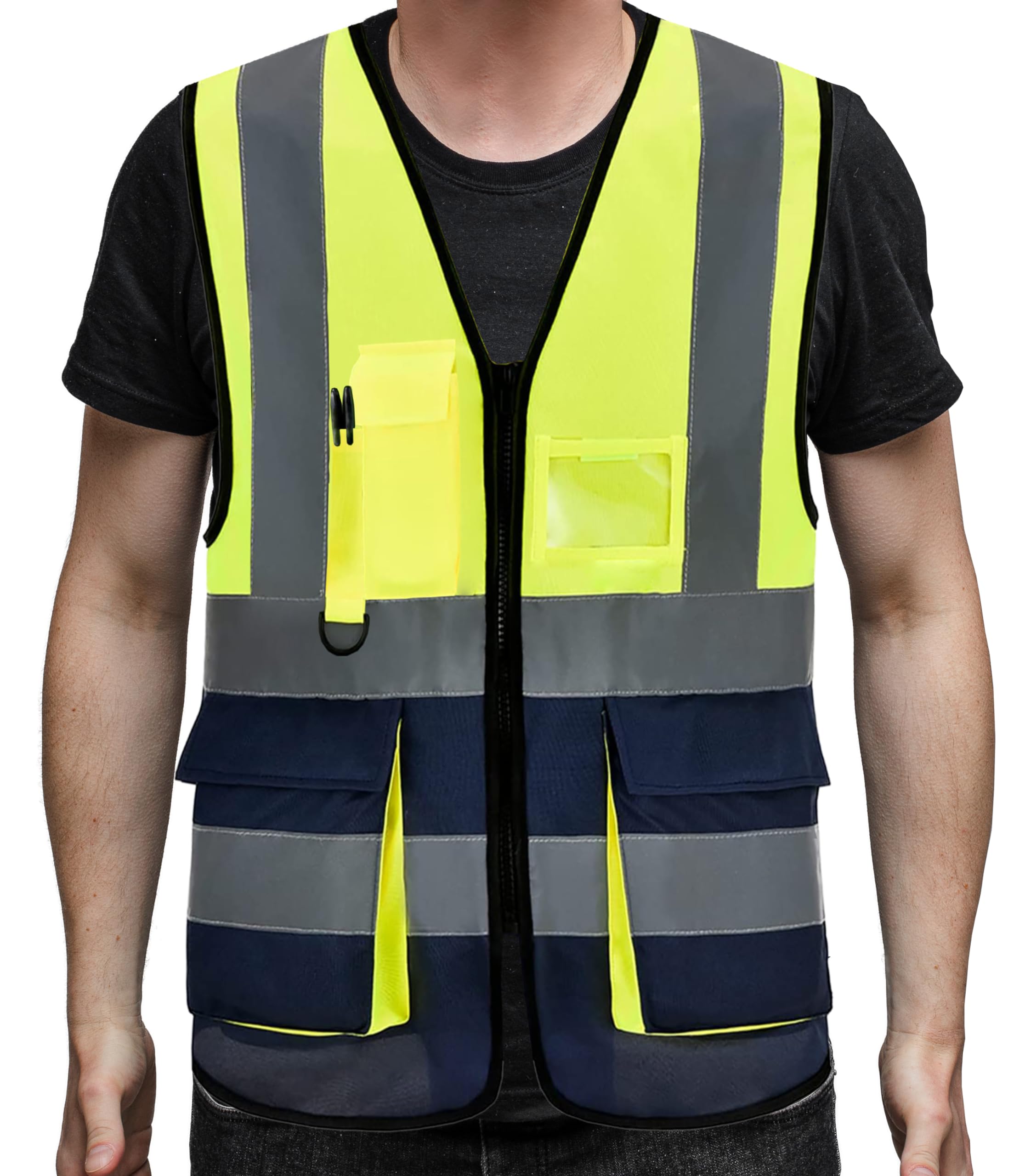 PB TECH Hi Vis Zipper Front High Visibility Reflective Vest Hi Vis Executive Jacket Vest Waistcoat ID & Multiple Pockets (Yellow & Navy, XL)