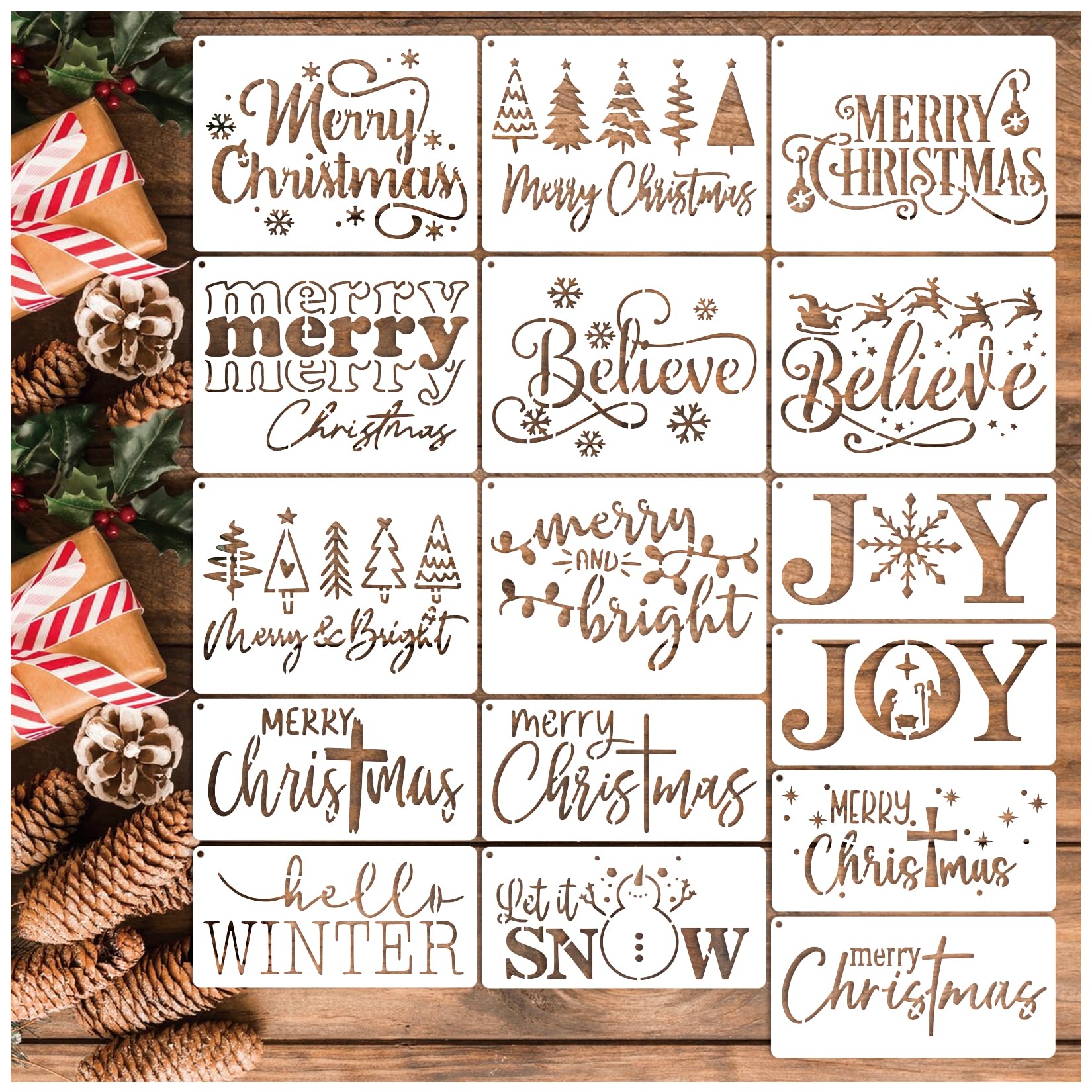 Photo 1 of 16pcs Merry Christmas Stencils for Card Making Reusable Drawing Believe Christmas Stencils for Painting on Wood Signs, Crafts, Wall Decorations