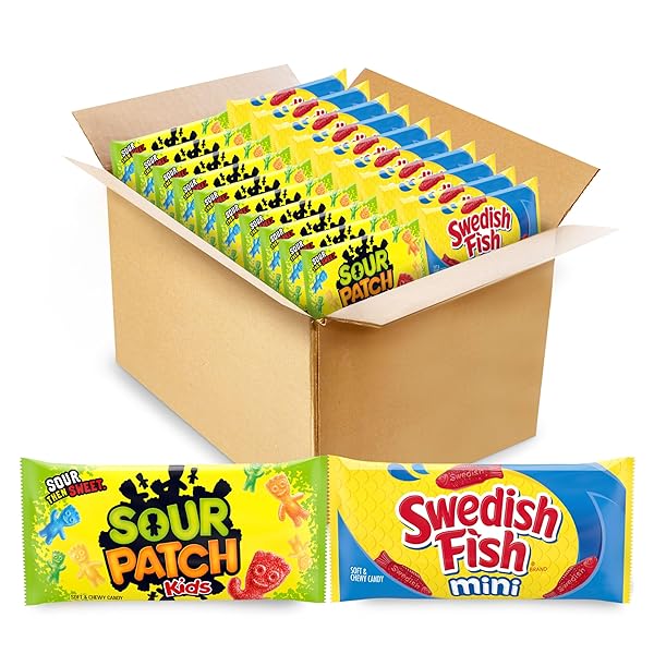 SOUR PATCH KIDS AND SWEDISH FISH MINI SOFT & CHEWY GUMMY CANDY VARIETY PACK, BULK CANDY, 20 SNACK PACKS
