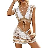 GORGLITTER Women's 2 Piece Crochet Cover Up Set Hollow Out Backless Beach Swim Coverups Swimsuit