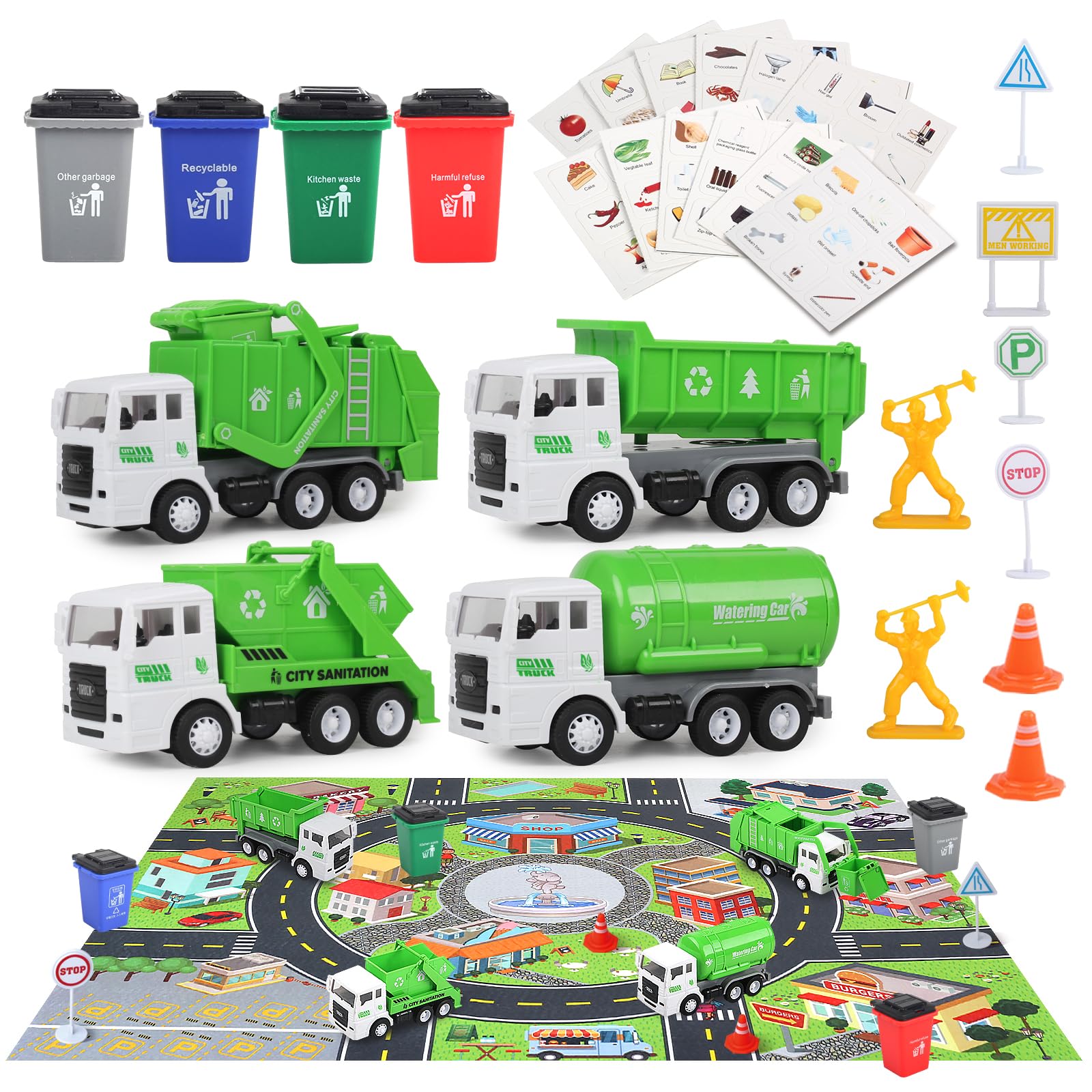 Photo 1 of Garbage Truck Toys for Boys, 4 pcs 6" Friction Powered Trash Truck with Kids Playmat Car Rug, 8 pcs Roadblock Signpost, 4 Trash Bins with 108 pcs Trash Cards, Toy Gift for 3+ Years Old Kid