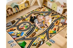 AlphabetAcre Kids 3x5 Ft Construction Site Car Rug - Extra Thick (0.4in),Tufted Wool & Rubber, Non-Slip, Stain & Fade Resistant, Machine Washable, Rustic Cartoon Construction Site Pattern